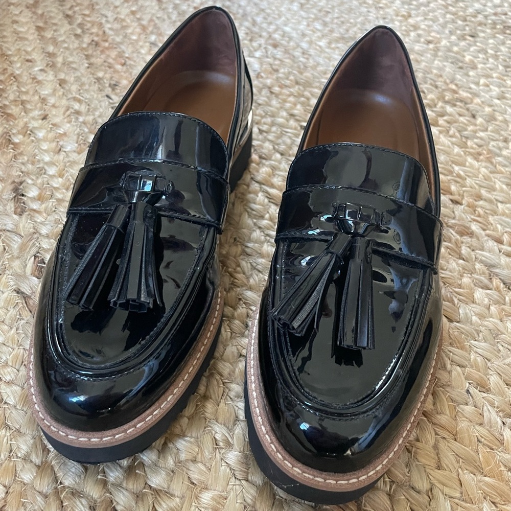 Franco Sarto Carolynn Lug Sole Tassel Loafers (black faux patent)